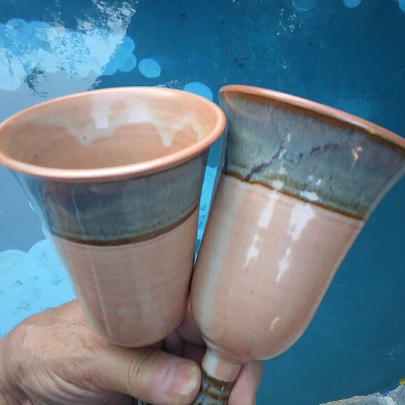 Gorgeous pair of Tall, Slender Hand Thrown and Glazed Stoneware Goblets - Picture 3 of 13